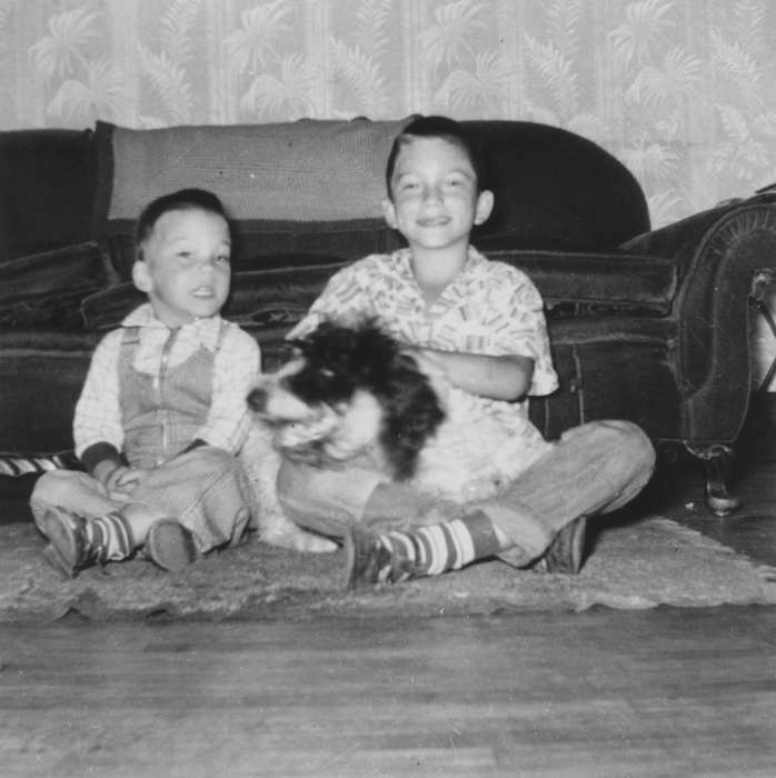 Portraits - Group, couch, brother, Iowa, brothers, Animals, dog, Families, Children, Nervig, Gary, Boone, IA, history of Iowa, Iowa History