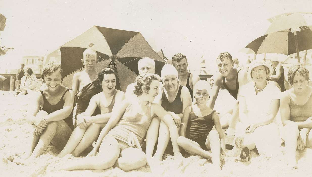 Portraits - Group, Travel, Iowa, McMurray, Doug, bathing suit, swimsuit, umbrella, history of Iowa, beach, Ocean Grove, NJ, Iowa History