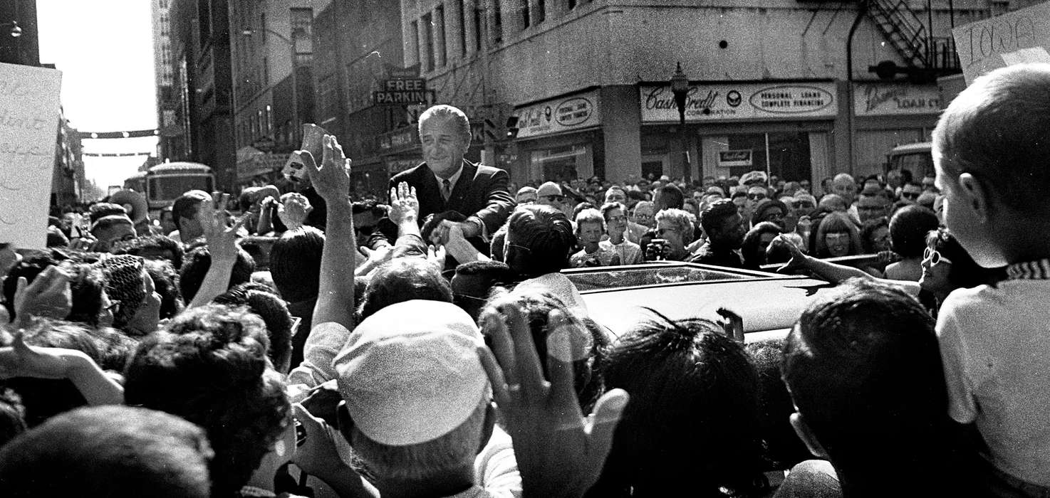 politician, Cities and Towns, Iowa History, Iowa, Motorized Vehicles, Civic Engagement, lyndon b. johnson, crowd, Lemberger, LeAnn, Des Moines, IA, president, history of Iowa