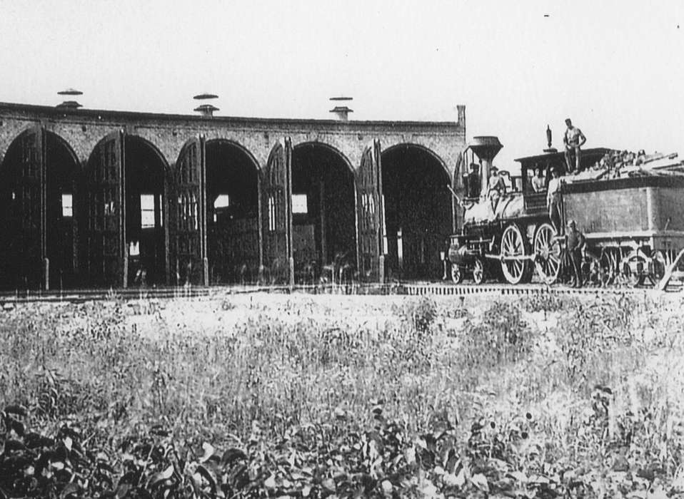 workers, train, Iowa, depot, Train Stations, Mona, IA, history of Iowa, Cities and Towns, arched doors, prarie grass, Horgen, Susan, Iowa History