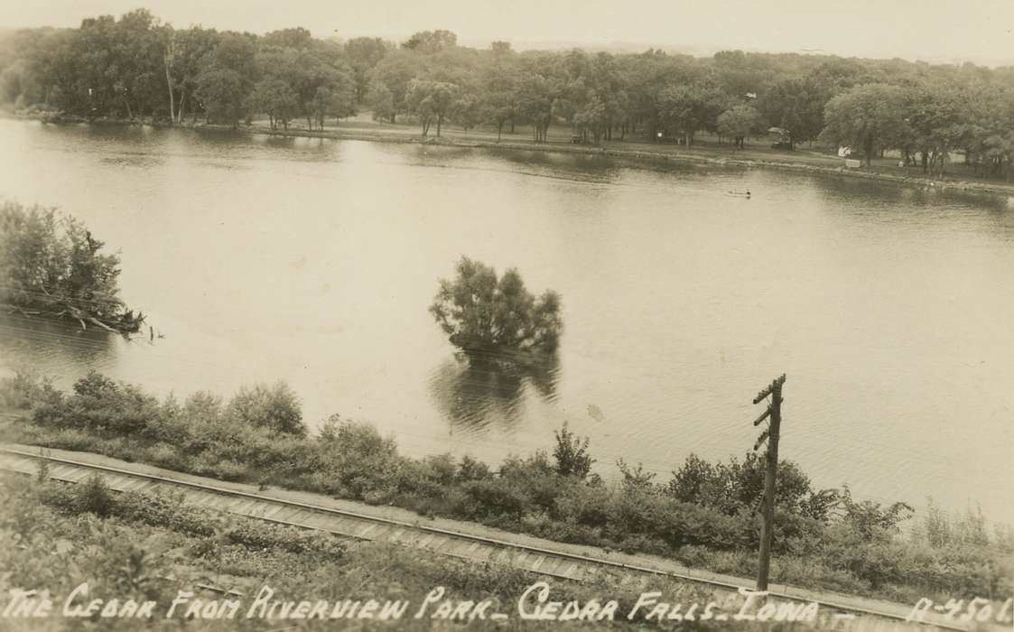 Lakes, Rivers, and Streams, Iowa History, power lines, Iowa, history of Iowa, Palczewski, Catherine, train tracks, Cedar Falls, IA, Landscapes, river