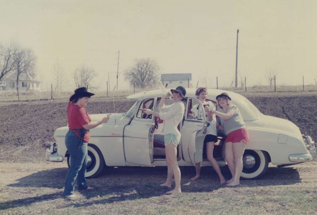 girl, car, Iowa History, Iowa, Motorized Vehicles, IA, Meisenheimer, Brenda, Farms, silly, friends, Leisure, history of Iowa