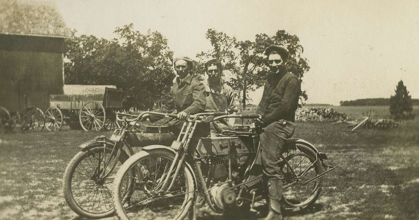 Portraits - Group, history of Iowa, Iowa History, IA, motorcycle, cap, wagon, Iowa, LeQuatte, Sue, Outdoor Recreation