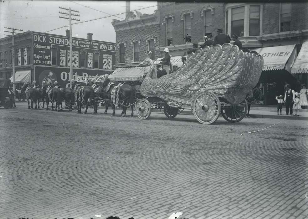 Main Streets & Town Squares, history of Iowa, Iowa History, Businesses and Factories, Animals, Waverly, IA, Fairs and Festivals, parade float, Iowa, Cities and Towns, horses, Waverly Public Library