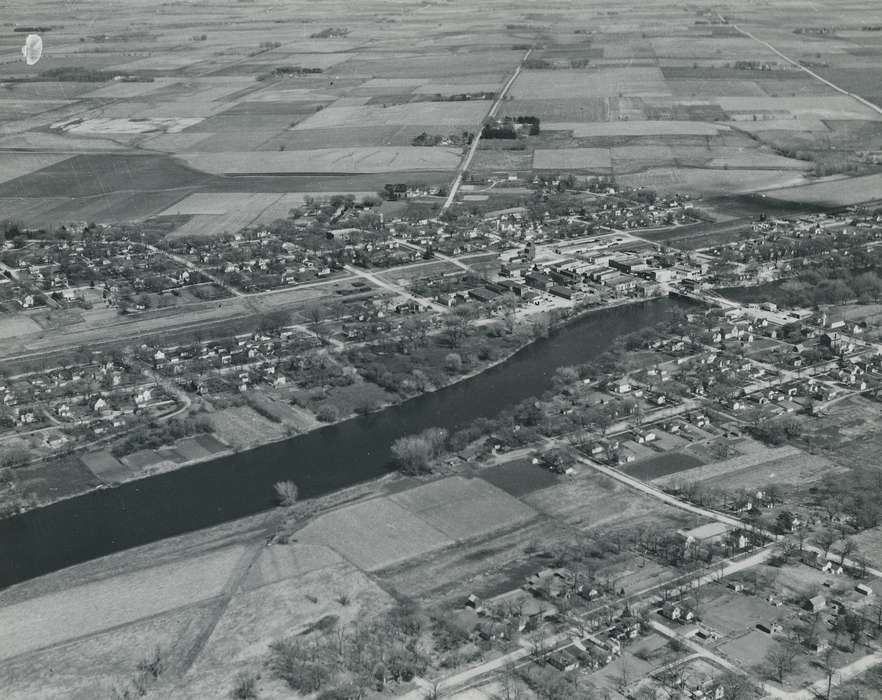 field, history of Iowa, Greene, IA, Waverly Public Library, Iowa, river, Aerial Shots, road, building, Iowa History, correct date needed, tree