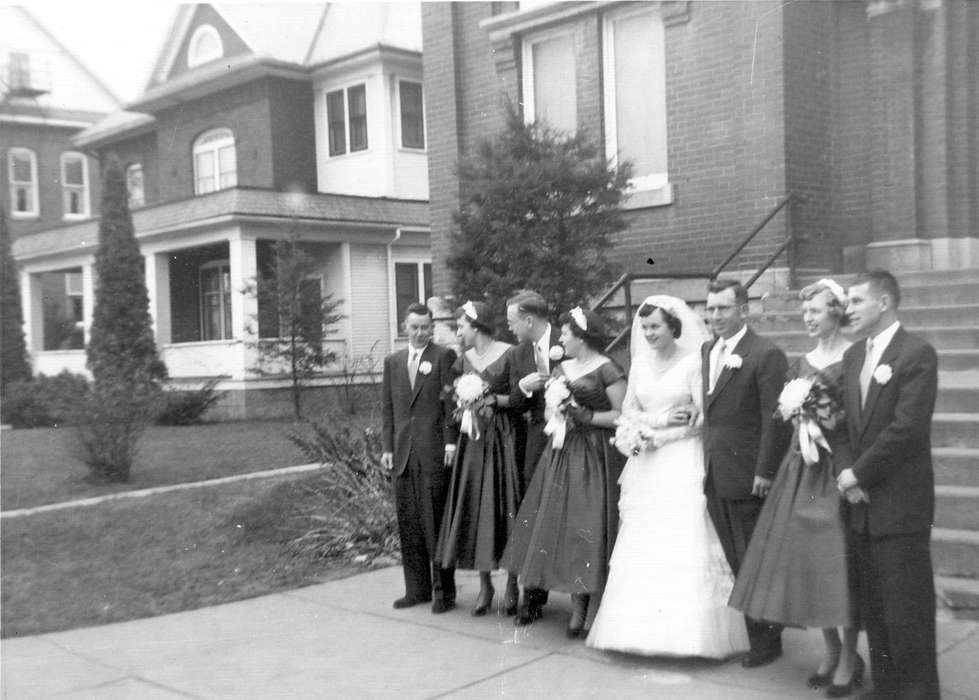 Portraits - Group, history of Iowa, Religious Structures, Cities and Towns, groom, Iowa History, veil, wedding gown, bride, bridesmaid, Iowa, Weddings, church, Scherrman, Pearl, Farley, IA