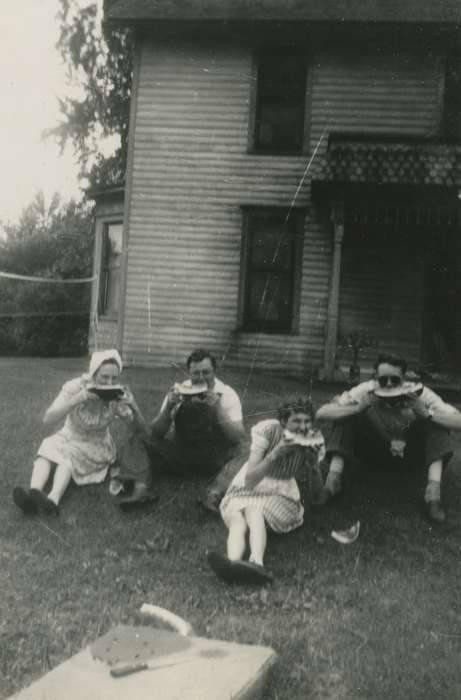 Portraits - Group, Shueyville, IA, history of Iowa, Iowa History, watermelon, Arensdorf, Maureen, friends, Iowa, Homes, Food and Meals, Leisure