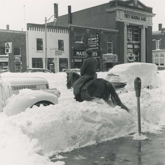 Motorized Vehicles, streetlights, Iowa History, Waverly Public Library, Iowa, history of Iowa, Businesses and Factories, correct date needed, Animals, brick building, car, Winter, sign, Waverly, IA, snow, Main Streets & Town Squares