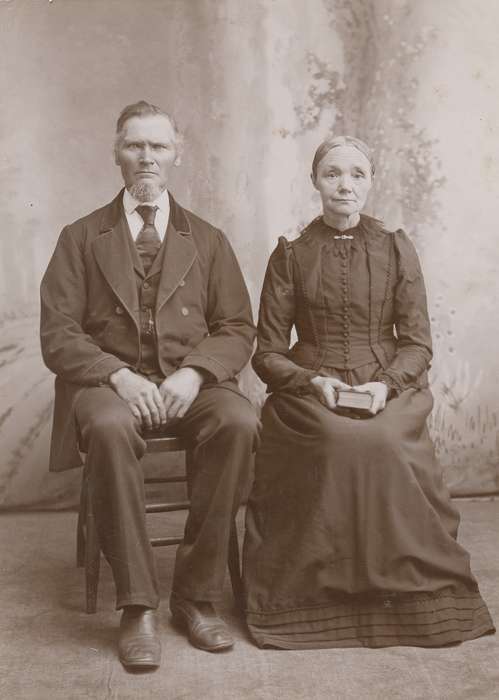 Portraits - Group, brooch, photo album, history of Iowa, Iowa History, four in hand tie, couple, woman, Olsson, Ann and Jons, Sumner, IA, man, cabinet photo, Iowa, painted backdrop, frock coat