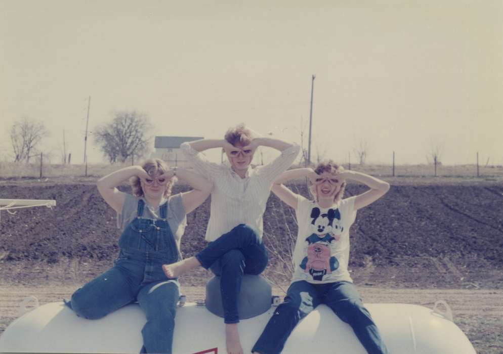 denim, history of Iowa, Iowa History, IA, Meisenheimer, Brenda, girl, mickey mouse, overalls, friends, Iowa, Farms, silly, Children, Leisure