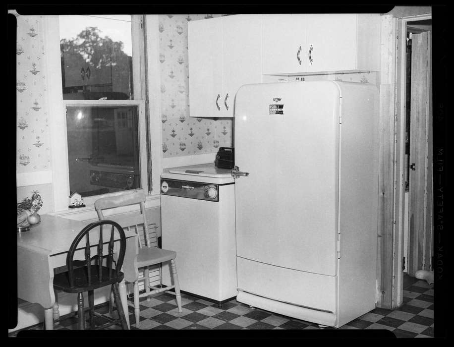 window, Iowa, kitchen, Storrs, CT, table, refrigerator, chair, Archives & Special Collections, University of Connecticut Library, history of Iowa, cabinet, Iowa History