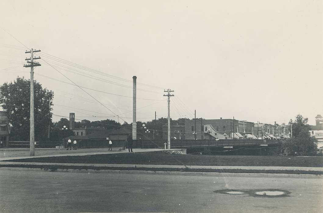 Businesses and Factories, bridge, utility pole, Iowa History, Lakes, Rivers, and Streams, Iowa, Waverly Public Library, Waverly, IA, Main Streets & Town Squares, correct date needed, history of Iowa