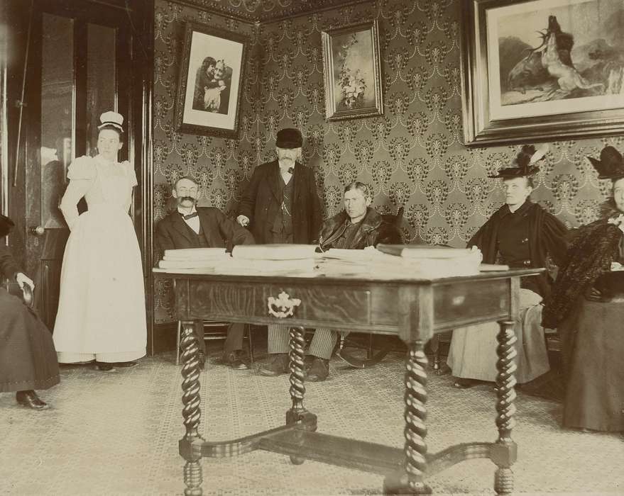 reception, Businesses and Factories, doctor, waiting room, dr. william a. rohlf, glasses, nurse, mustache, dress, Hospitals, Waverly Public Library, history of Iowa, Iowa History, painting, feather hat, Waverly, IA, office, Iowa, correct date needed, suit