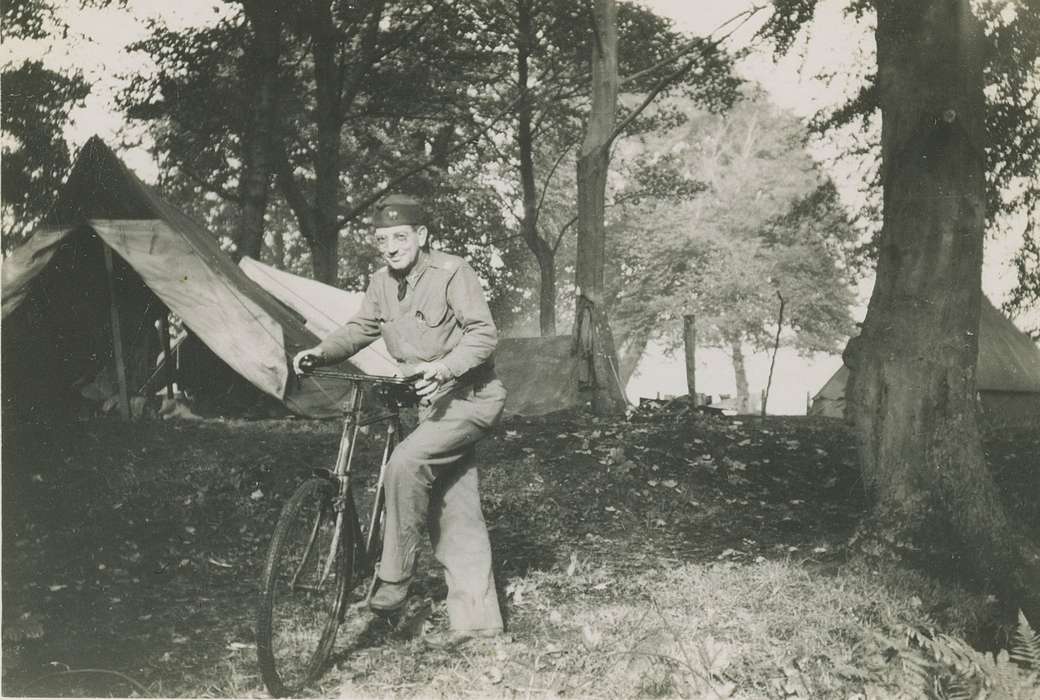 uniform, Fort Polk, LA, Travel, Iowa, tent, bike, Military and Veterans, Kozak (Apgar ), Carol, army, bicycle, wwii, history of Iowa, Iowa History