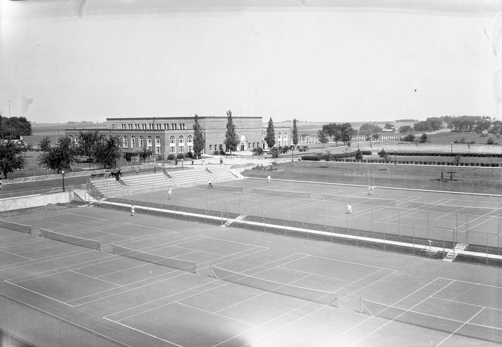 west gym, Iowa History, tennis, Iowa, Schools and Education, university of northern iowa, iowa state teachers college, uni, Sports, Aerial Shots, tennis court, UNI Special Collections & University Archives, Cedar Falls, IA, history of Iowa