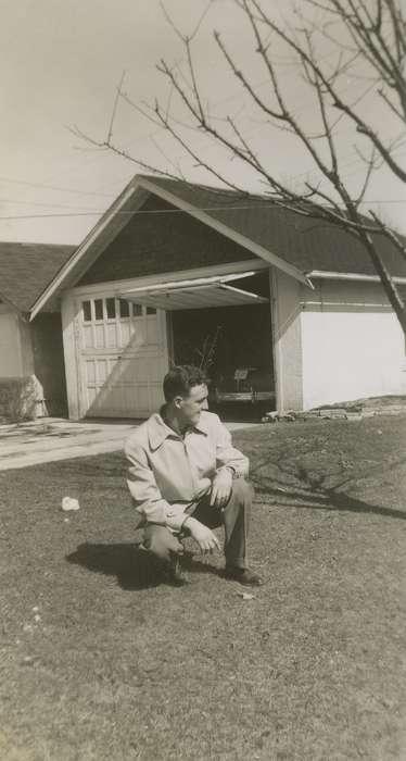 Iowa, USA, Wilson, Dorothy, Iowa History, coat, Homes, Portraits - Individual, front yard, history of Iowa, garage, shadow