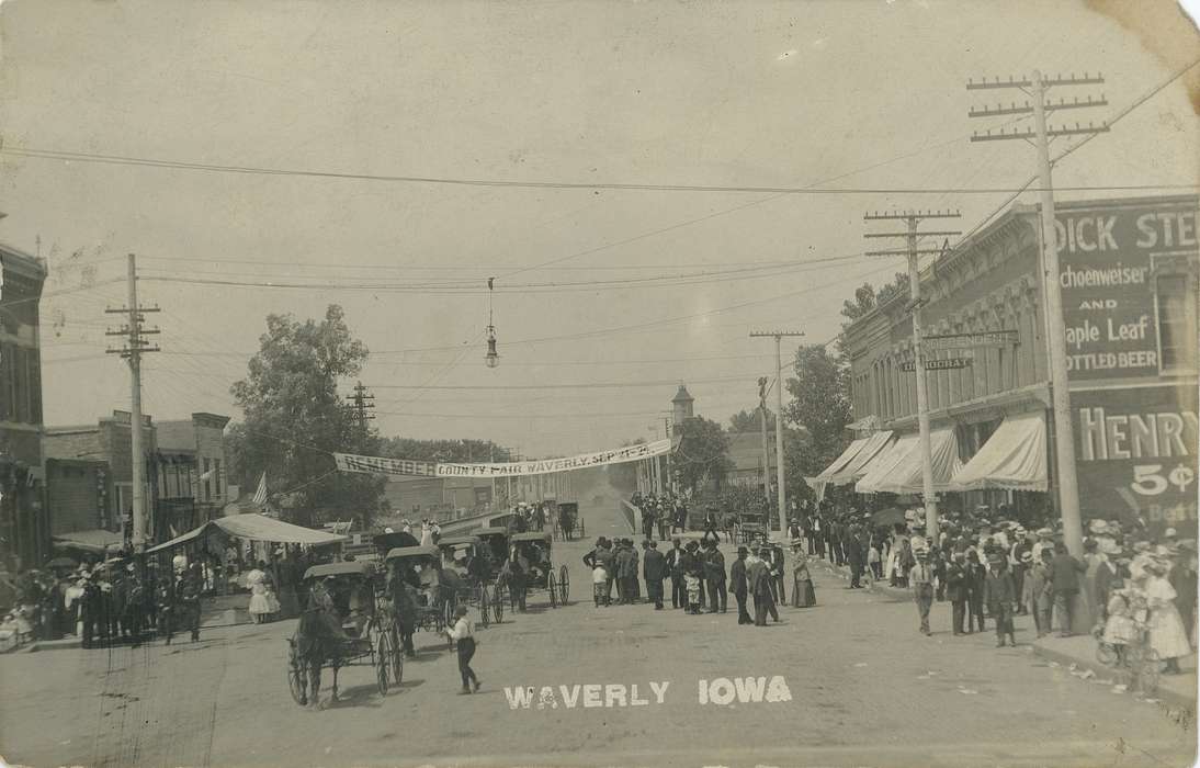 Main Streets & Town Squares, history of Iowa, Iowa History, county fair, children, Businesses and Factories, horse and buggy, crowd, Waverly, IA, tent, Iowa, Cities and Towns, Waverly Public Library