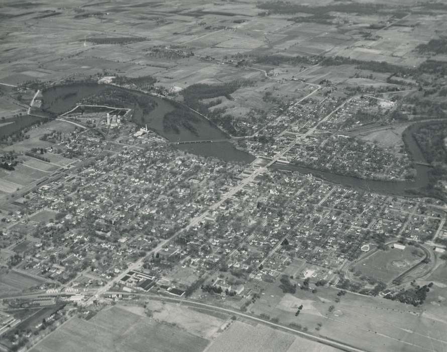 field, history of Iowa, Waverly Public Library, Waverly, IA, Iowa, river, Aerial Shots, road, building, Iowa History, Lakes, Rivers, and Streams, bridge