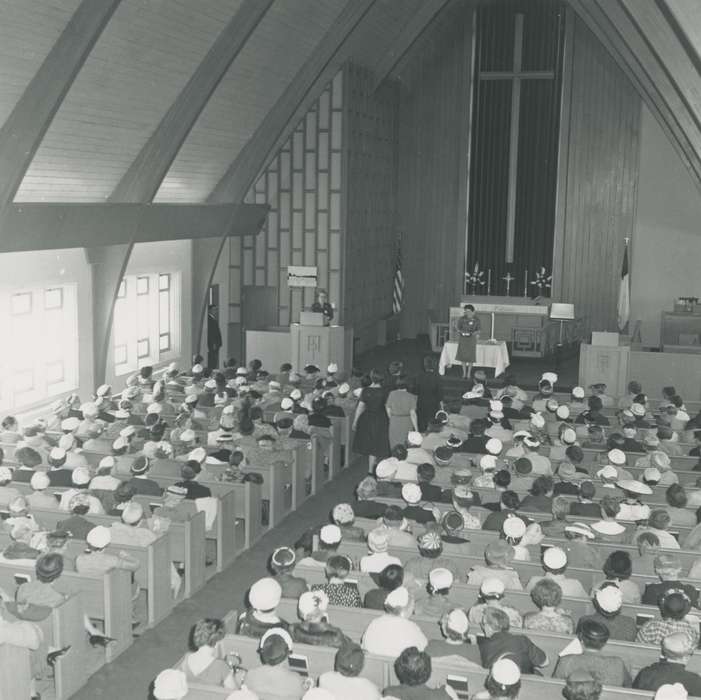 american flag, congregation, Iowa History, pulpit, Waverly Public Library, Iowa, history of Iowa, correct date needed, altar, church service, Waverly, IA, Religion, women, hat