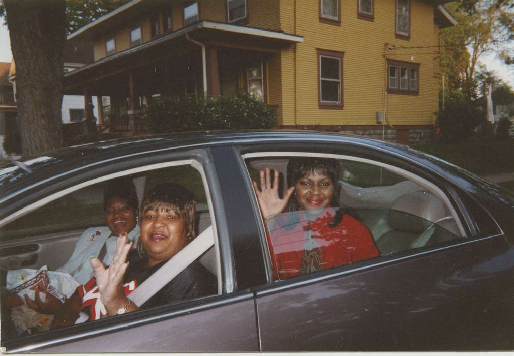 Portraits - Group, Iowa, Waterloo, IA, fast food, Families, sisters, african american, car, People of Color, hairstyle, house, yellow house, Cities and Towns, Bradford, Rosemary, sedan, history of Iowa, Motorized Vehicles, Iowa History