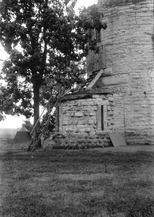 stone building, history of Iowa, Iowa History, Lemberger, LeAnn, tower, Iowa, Cities and Towns, Stone City, IA, staircase, tree, stone city art colony