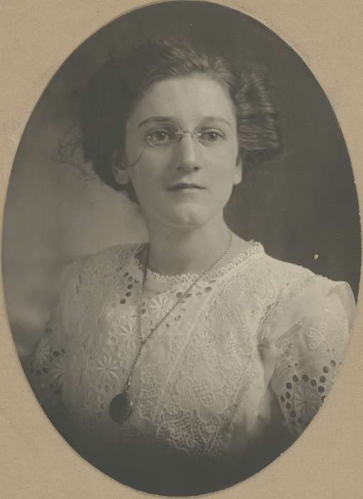 lace, history of Iowa, Iowa History, Parkersburg, IA, Neymeyer, Robert, glasses, locket, Iowa, hairstyle, Portraits - Individual
