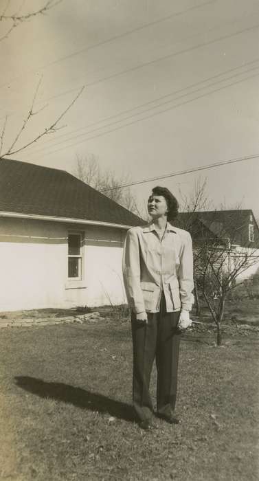 trousers, Iowa, USA, Wilson, Dorothy, coat, telephone pole, Homes, Portraits - Individual, front yard, history of Iowa, garage, Iowa History