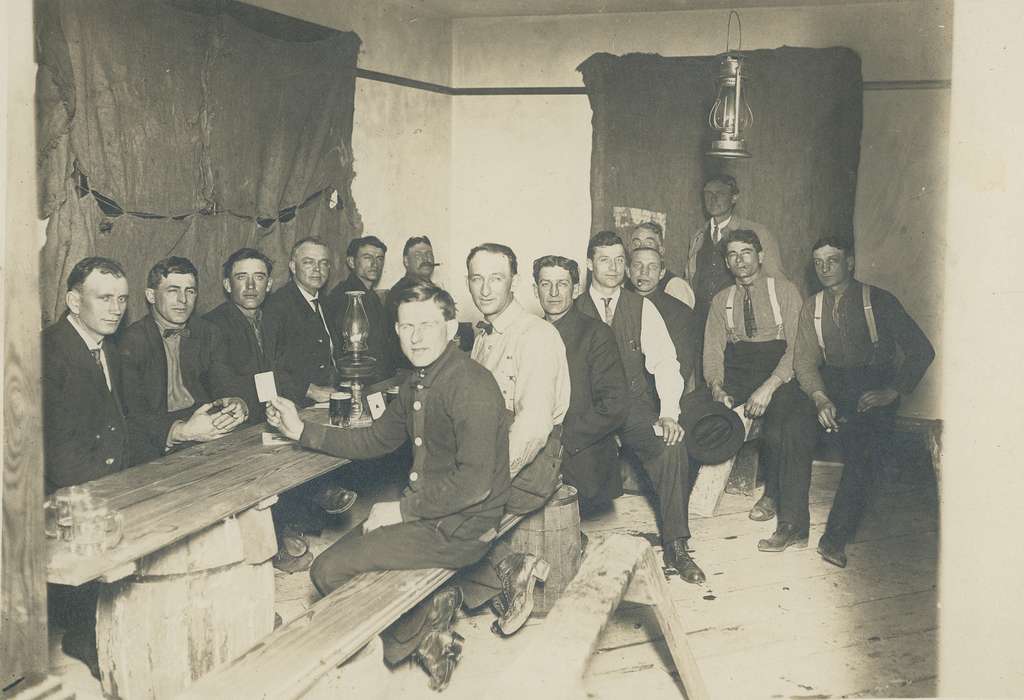 Portraits - Group, Waverly Public Library, history of Iowa, Iowa History, bench, Waverly, IA, lanterns, group, sawhorse, Iowa, beer, party, barrel, Leisure, suit