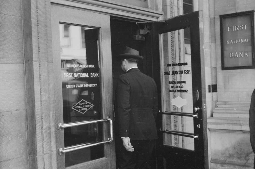 Library of Congress, history of Iowa, door, doorway, Businesses and Factories, fedora, Iowa, suit, entrance, Iowa History, handle, Cities and Towns