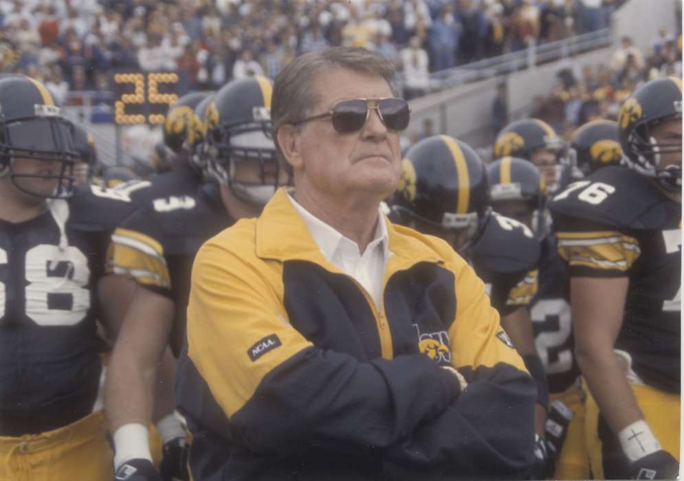 hat, sunglasses, Portraits - Individual, stadium, Iowa History, football, Iowa, hawkeyes, Sports, Iowa City, IA, university of iowa, Seashore Hall, hadyn fry, coach, history of Iowa