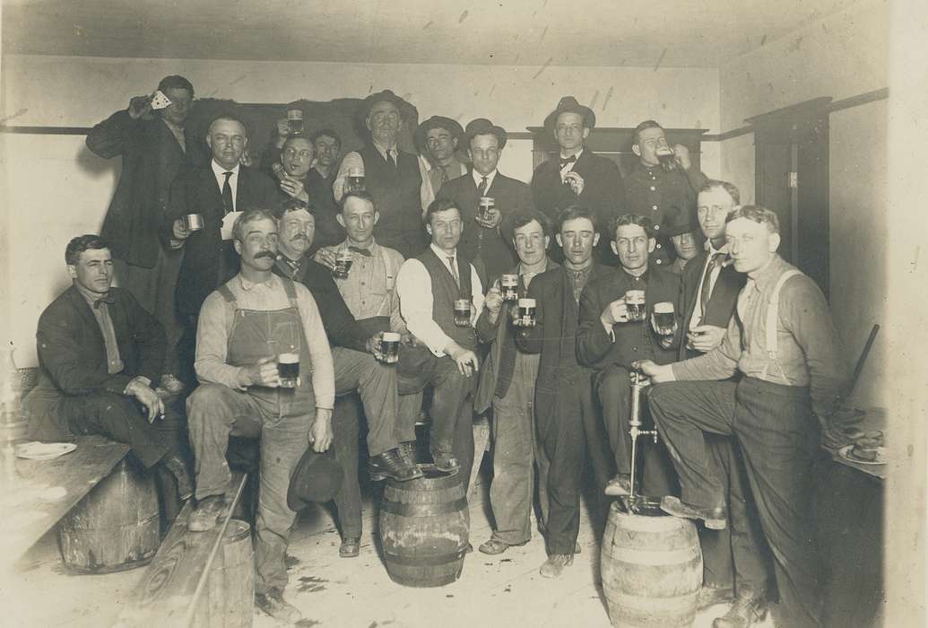 Portraits - Group, Food and Meals, Iowa, barrel, Waverly Public Library, mug, Iowa History, hat, Leisure, beer, party, group, history of Iowa, Waverly, IA, suit