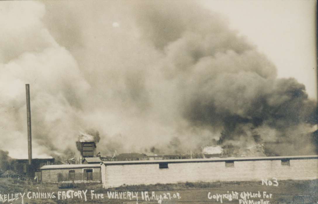 smoke, history of Iowa, Iowa History, factory, Wrecks, Businesses and Factories, fire, Waverly, IA, Iowa, Landscapes, Waverly Public Library