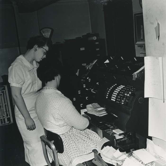 Iowa History, Waverly Public Library, Iowa, adding machine, Businesses and Factories, correct date needed, history of Iowa, machine, women at work, stapler, bank, Waverly, IA, calculator, Labor and Occupations