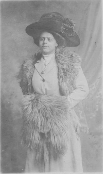 pocket watch chain, history of Iowa, fur, Buffalo, IA, Iowa History, woman, cabinet photo, Iowa, Swanson, Chris, hat, Portraits - Individual