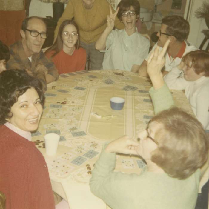 Portraits - Group, history of Iowa, cards, Stanton, NE, Iowa History, peace sign, glasses, Iowa, Mueller, Irma, Homes, silly, Food and Meals