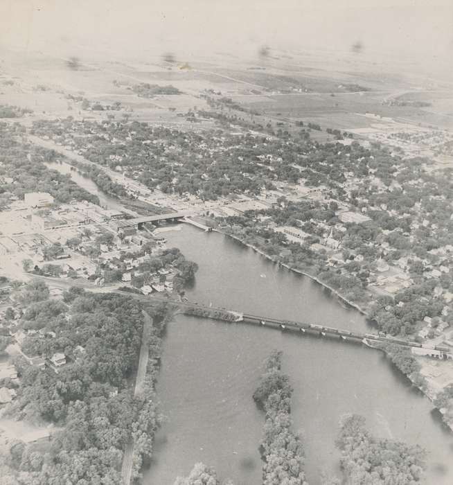 field, history of Iowa, Waverly Public Library, Waverly, IA, tree, Iowa, river, cedar river, Aerial Shots, building, Iowa History, correct date needed, Lakes, Rivers, and Streams, bridge