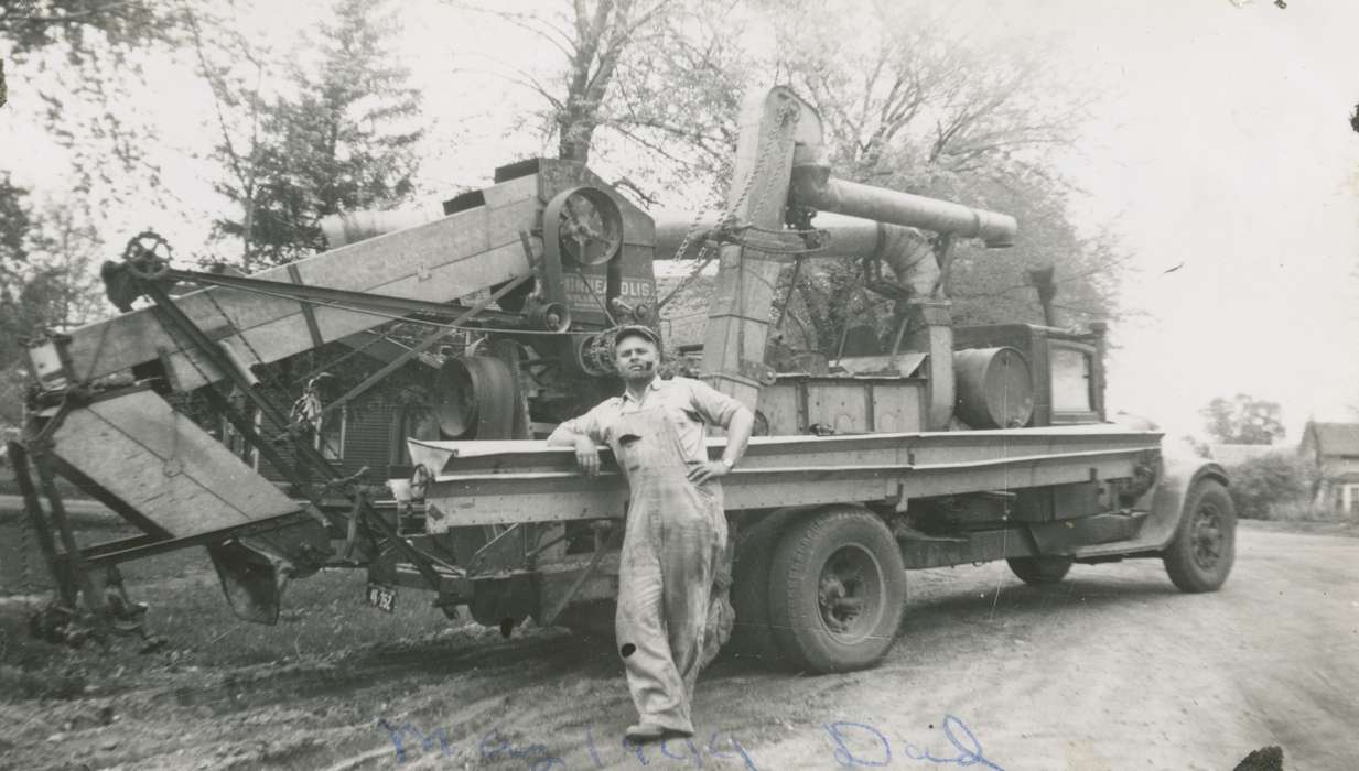 Portraits - Individual, Iowa History, Bode, IA, Iowa, Motorized Vehicles, Ostrum (Bratland), Arlene, pipe, Labor and Occupations, truck, Farming Equipment, machine, history of Iowa