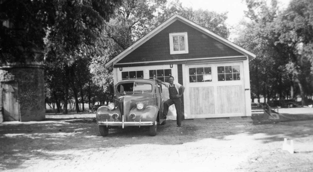 Iowa History, overalls, history of Iowa, Walker, Erik, Motorized Vehicles, window, Iowa, Cedar Falls, IA, car, Portraits - Individual, building, garage, man