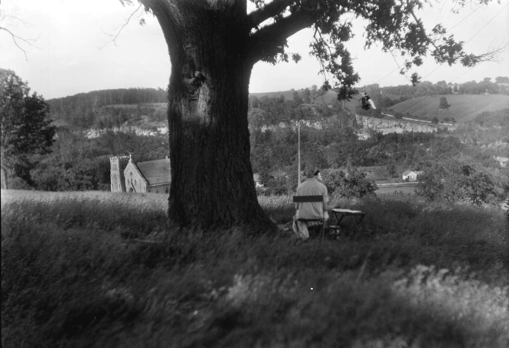 table, history of Iowa, Religious Structures, Iowa History, artist, Lemberger, LeAnn, chair, grass, Iowa, tree, Stone City, IA, church, stone city art colony, Labor and Occupations