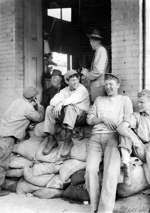 Portraits - Group, history of Iowa, Iowa History, Ottumwa, IA, hardware store, Businesses and Factories, boots, laughter, Iowa, Lemberger, LeAnn, Labor and Occupations