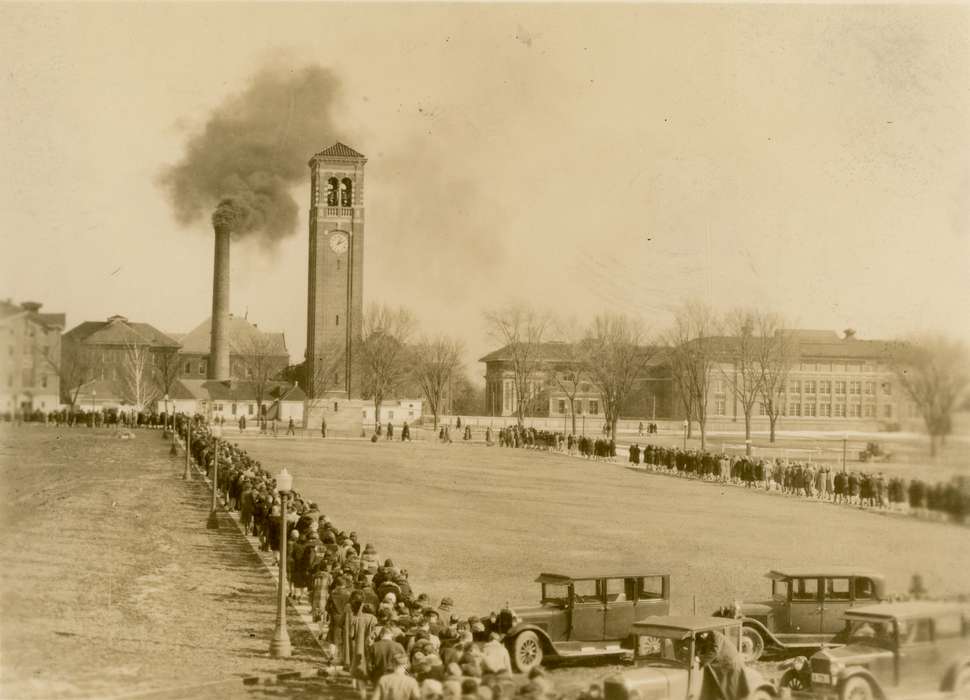Cedar Falls, IA, campanile, history of Iowa, Iowa History, uni, Motorized Vehicles, iowa state teachers college, car, old gilchrist, UNI Special Collections & University Archives, smokestack, Iowa, Schools and Education, chimney, university of northern iowa, central hall