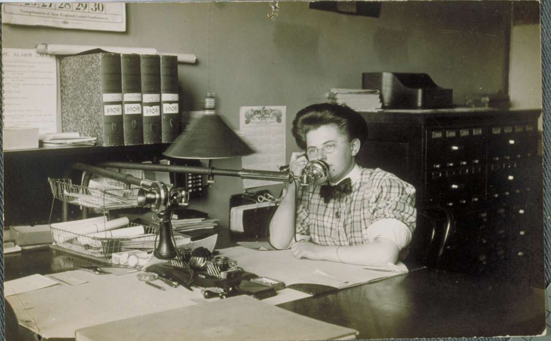 history of Iowa, glasses, New Milford, CT, Iowa, cabinet, telephone, Iowa History, Archives & Special Collections, University of Connecticut Library, desk