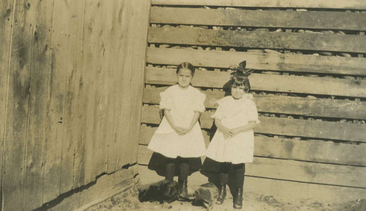 Portraits - Group, correct date needed, hair bow, Iowa, Animals, Children, Barns, dress, cat, West Liberty, IA, Farms, history of Iowa, Meyers, Peggy, Iowa History