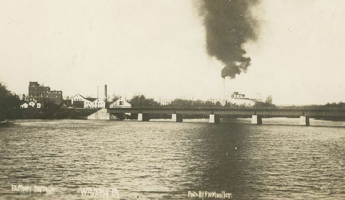 smokestack, Waverly, IA, cedar river, history of Iowa, Meyer, Sarah, Main Streets & Town Squares, bridge, Lakes, Rivers, and Streams, Cities and Towns, Iowa, Businesses and Factories, Iowa History