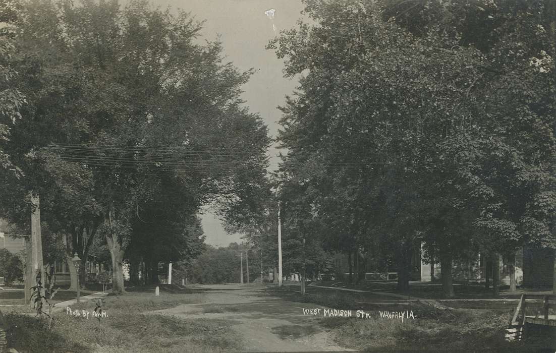 trees, Landscapes, correct date needed, Iowa, Waverly Public Library, dirt street, Cities and Towns, bridge, history of Iowa, Waverly, IA, Iowa History