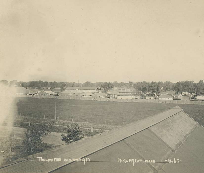 fence, history of Iowa, Iowa History, Cities and Towns, county fair, tree line, fair, wooden fence, Fairs and Festivals, building, Waverly, IA, Iowa, Landscapes, correct date needed, tree, Waverly Public Library