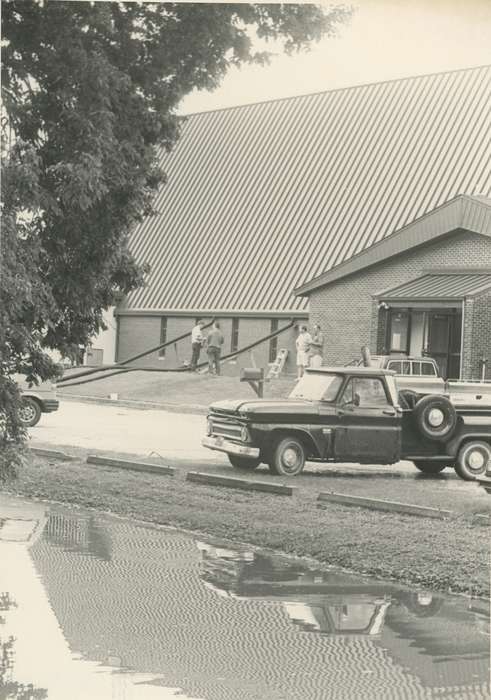Floods, history of Iowa, Religious Structures, Iowa History, Motorized Vehicles, trees, Civic Engagement, Waverly, IA, Iowa, Cities and Towns, ladders, Waverly Public Library, hose
