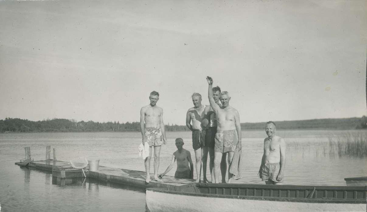 Portraits - Group, Travel, swimming, lake, history of Iowa, Iowa History, swimmers, Lakes, Rivers, and Streams, Inguadona, MN, Iowa, dock, boat, McMurray, Doug, Leisure