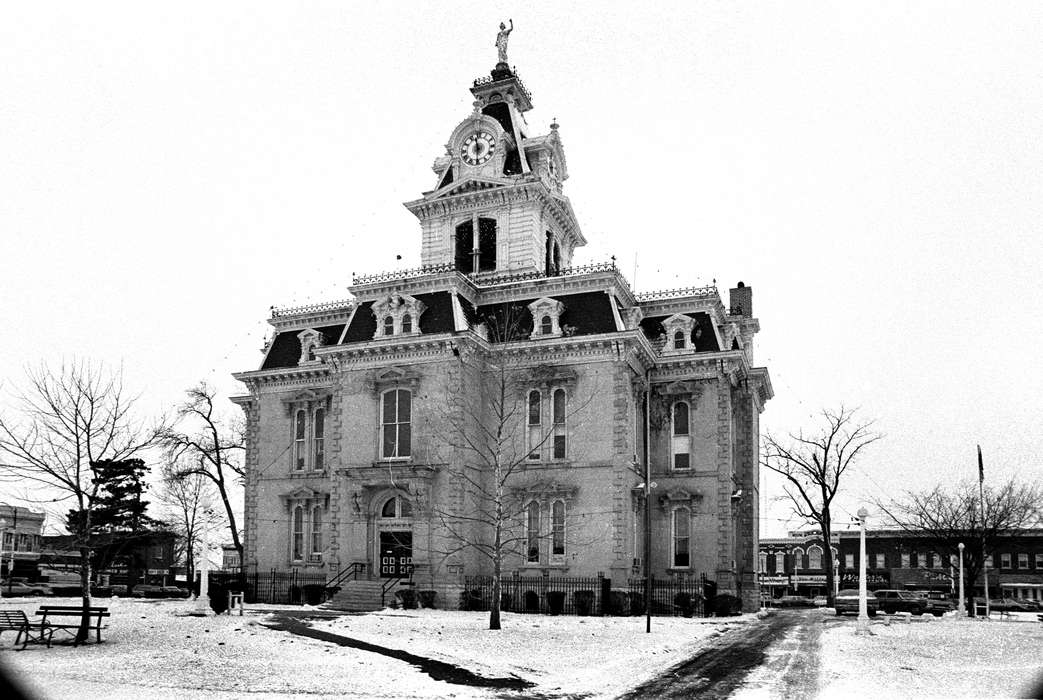 Main Streets & Town Squares, Bloomfield, IA, history of Iowa, Iowa History, Lemberger, LeAnn, Winter, tower, Prisons and Criminal Justice, clock, courthouse, park bench, Iowa, Cities and Towns, chimney, snow, statue, park