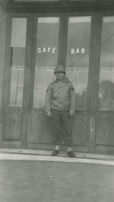 Military and Veterans, Travel, wwii, Campopiano Von Klimo, Melinda, uniform, history of Iowa, Iowa History, bar, world war ii, cafe, Iowa, Reims, helmet, Portraits - Individual